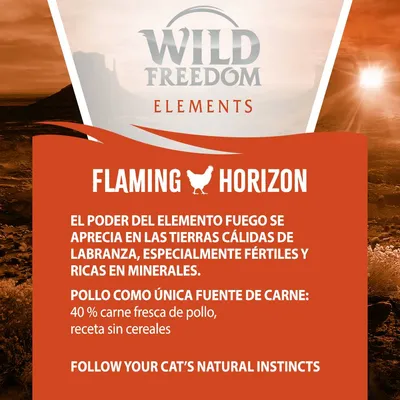 Wild Freedom Elements Flaming Horizon. Pollo como única fuente de carne: 40 % carne fresca de pollo, receta sin cereales. El resto del texto está en inglés.