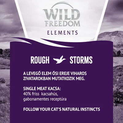 Wild Freedom Elements Rough Storms. Single meat kacsa: 40% friss kacsahús, gabonamentes receptúra. A levegő elem ősi ereje viharos zivatarokban mutatkozik meg.