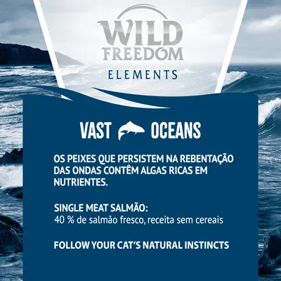 Wild Freedom Elements Vast Oceans. Os peixes que persistem na rebentação das ondas contêm algas ricas em nutrientes. Single Meat Salmão: 40 % de salmão fresco, receita sem cereais.