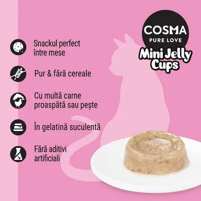 COSMA PURE LOVE Mini Jelly Cups. Snackul perfect între mese, pur & fără cereale, cu multă carne proaspătă sau pește, în gelatină suculentă, fără aditivi artificiali.