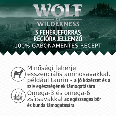 Wolf of Wilderness. 3 fehérjeforrás régióra jellemző, 100% gabonamentes recept. Minőségi fehérje esszenciális aminosavakkal, omega-3 és omega-6 zsírsavakkal a bőr és bunda támogatására.
