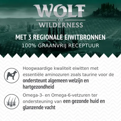 Wolf of Wilderness, met 3 regionale eiwitbronnen, 100% graanvrij receptuur. Ondersteunt algemeen welzijn en hartgezondheid, gezonde huid en glanzende vacht.
