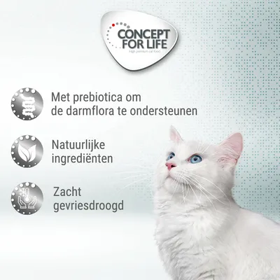 Concept for Life. Met prebiotica om de darmflora te ondersteunen, natuurlijke ingrediënten, zacht gevriesdroogd. Witte kat met blauwe ogen zichtbaar.