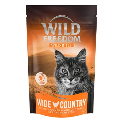 Wild Freedom Wild Bites Wide Country. Frisches Hühnerfleisch mit Wildkräutern, 100% getreidefreie Rezeptur, +Taurin. Verpackung mit Katzenmotiv, 80g.