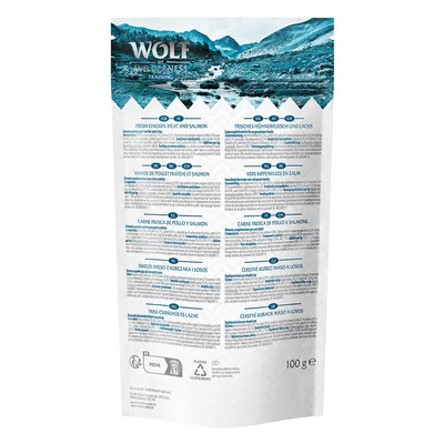 Wolf of Wilderness Training, Frisches Hühnchenfleisch und Lachs, 100 g. Produktbeschreibung in mehreren Sprachen sichtbar.
