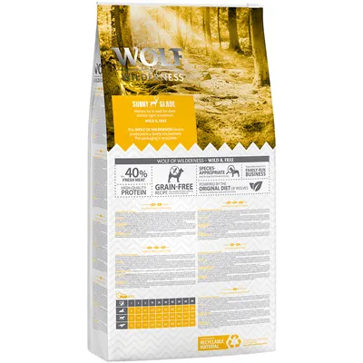 Συσκευασία Wolf of Wilderness Sunny Glade. Ορατό: 40% fresh meat, high-quality protein, grain-free recipe, species-appropriate, family-run business, πίνακας διατροφής, ανακυκλώσιμο υλικό.