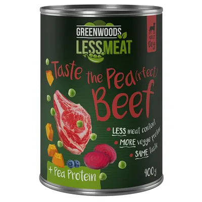 Greenwoods Less Meat Adult Dog, Taste the Pea(rfect) Beef, minder vlees, meer plantaardig eiwit, zelfde smaak, met erwteneiwit, 400g blik.