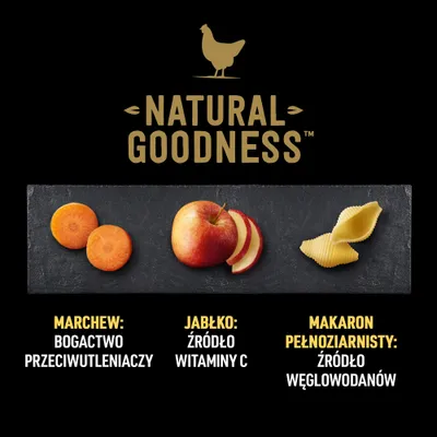 Natural Goodness. Marchew: bogactwo przeciwutleniaczy. Jabłko: źródło witaminy C. Makaron pełnoziarnisty: źródło węglowodanów.