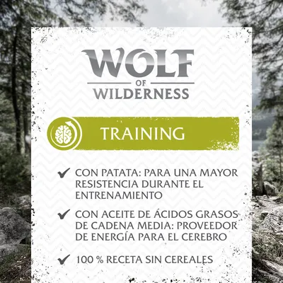 Wolf of Wilderness Training. Con patata: para una mayor resistencia durante el entrenamiento. Con aceite de ácidos grasos de cadena media: energía para el cerebro. 100 % receta sin cereales.
