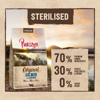 Purizon Original Salmon with Chicken, 6,5 kg. STERILISED. 70% premium dierlijke ingrediënten, 30% fruit, groenten & kruiden, 0% toegevoegde granen. Kattenvoer.