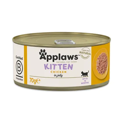 Konzerva Applaws Kitten Chicken in jelly, 70 g. Certified B Corporation. Made with natural ingredients. Za mačje mladiče do 12 mesecev. Prikaz hrane v želeju na embalaži.