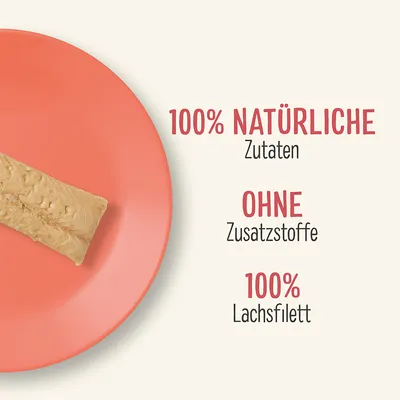 100% natürliche Zutaten, ohne Zusatzstoffe, 100% Lachsfilett.