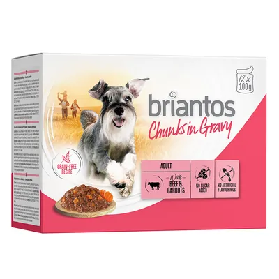 Briantos Chunks in Gravy, Adult, s hovädzím a mrkvou, bez obilnín, bez pridaného cukru, bez umelých aróm. Balenie obsahuje 12 x 100g porcií.