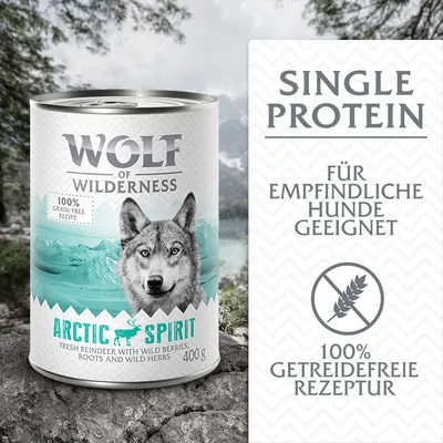 Wolf of Wilderness Arctic Spirit, Single Protein, frisches Rentier mit Wildbeeren, Wurzeln und Kräutern, 100% getreidefreie Rezeptur, geeignet für empfindliche Hunde, 400g Dose.