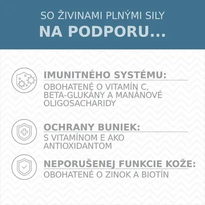 So živinami plnými sily na podporu imunitného systému, ochrany buniek a neporušenej funkcie kože. Obohatené o vitamín C, E, beta-glukány, manánové oligosacharidy, zinok a biotín.