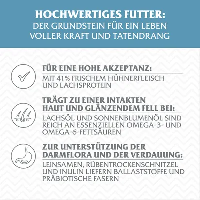 Hochwertiges Futter: Frisches Hühnerfleisch und Lachsprotein für hohe Akzeptanz, Lachsöl für glänzendes Fell, Leinsamen und Inulin zur Unterstützung der Darmflora.