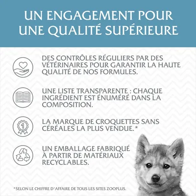 UN ENGAGEMENT POUR UNE QUALITÉ SUPÉRIEURE : contrôles vétérinaires, liste transparente des ingrédients, marque de croquettes sans céréales la plus vendue, emballage recyclable.