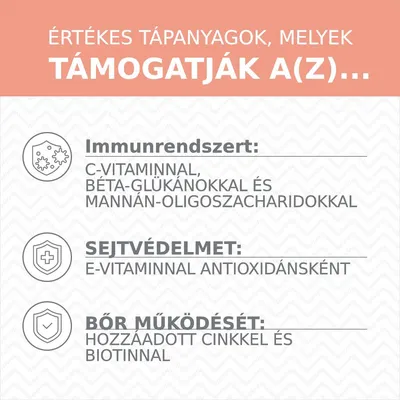 Értékes tápanyagok: immunrendszert C-vitaminnal, béta-glükánokkal és mannán-oligoszacharidokkal; sejtvédelmet E-vitaminnal; bőr működését cinkkel és biotinnal támogatják.