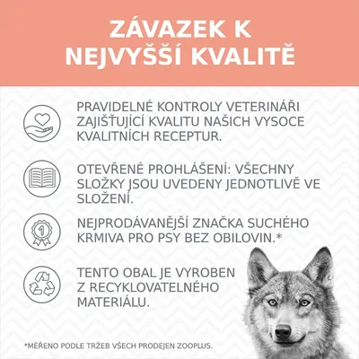 ZÁVAZEK K NEJVYŠŠÍ KVALITĚ. Pravidelné kontroly veterináři, otevřené prohlášení složek, nejprodávanější značka suchého krmiva bez obilovin, obal z recyklovatelného materiálu.