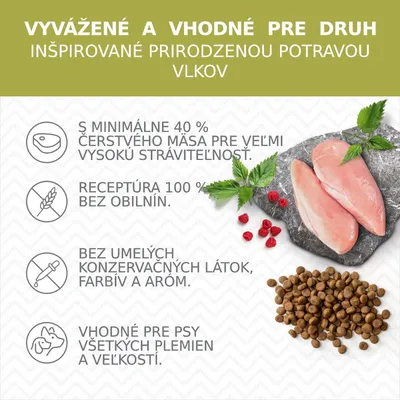 Vyvážené a vhodné pre druh, inšpirované prirodzenou potravou vlkov. 40 % čerstvého mäsa, bez obilnín, bez umelých látok, vhodné pre psy všetkých plemien a veľkostí.