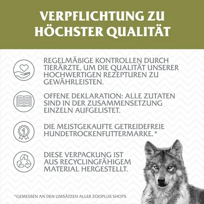 Verpflichtung zu höchster Qualität: regelmäßige Kontrollen durch Tierärzte, offene Deklaration der Zutaten, meistgekaufte getreidefreie Hundetrockenfuttermarke, Verpackung aus recycelbarem Material.