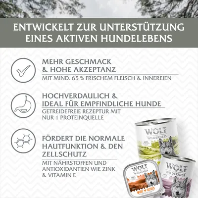 Wolf of Wilderness Hundefutter: 65% frisches Fleisch, getreidefrei mit 1 Proteinquelle, fördert Hautfunktion und Zellschutz mit Zink & Vitamin E. Entwickelt für ein aktives Hundeleben.