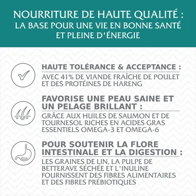 Nourriture de haute qualité : 41 % viande fraîche de poulet, protéines de hareng, huiles de saumon et tournesol, graines de lin, pulpe de betterave, inuline, fibres alimentaires et prébiotiques.