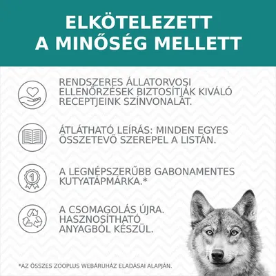 ELKÖTELEZETT A MINŐSÉG MELLETT. Rendszeres állatorvosi ellenőrzések, átlátható leírás, legnépszerűbb gabonamentes kutyatáp, újrahasznosítható csomagolás.
