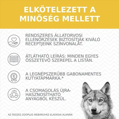 ELKÖTELEZETT A MINŐSÉG MELLETT. Rendszeres állatorvosi ellenőrzések, átlátható leírás, legnépszerűbb gabonamentes kutyatáp, újrahasznosítható csomagolás. Zooplus eladási adatok alapján.