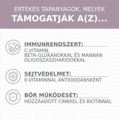 Értékes tápanyagok: immunrendszert C-vitaminnal, béta-glükánokkal és mannán-oligoszacharidokkal; sejtvédelmet E-vitaminnal antioxidánsként; bőr működését cinkkel és biotinnal.