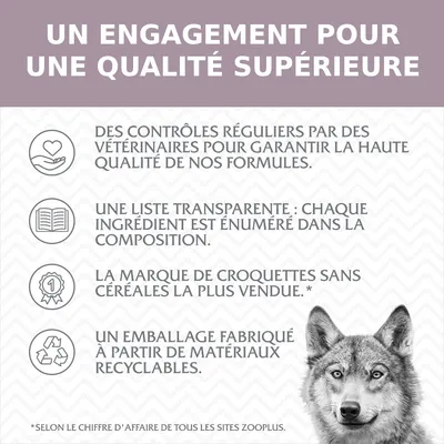 Contrôles réguliers par des vétérinaires, liste d’ingrédients transparente, marque de croquettes sans céréales la plus vendue, emballage en matériaux recyclables selon zooplus. Contrôles réguliers par des vétérinaires, liste d’ingrédients transparente, marque de croquettes sans céréales la plus vendue, emballage en matériaux recyclables selon zooplus.