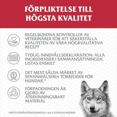 Förpliktelse till högsta kvalitet: regelbundna veterinärkontroller, tydlig innehållsdeklaration, mest sålda spannmålsfria torrfodermärket för hundar, återvinningsbar förpackning.