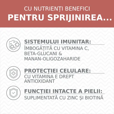 Cu nutrienți benefici pentru sprijinirea sistemului imunitar, protecției celulare și funcției intacte a pielii. Vitamina C, E, beta-glucani, manan-oligozaharide, zinc, biotină.