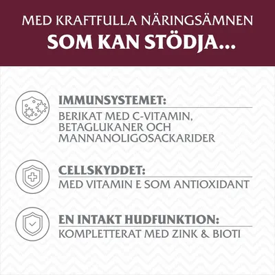 Med kraftfulla näringsämnen som kan stödja immunsystemet, cellskyddet och en intakt hudfunktion. Berikat med C-vitamin, betaglukaner, vitamin E, zink och biotin.
