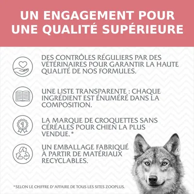UN ENGAGEMENT POUR UNE QUALITÉ SUPÉRIEURE : contrôles vétérinaires, liste transparente des ingrédients, marque de croquettes sans céréales la plus vendue, emballage recyclable.