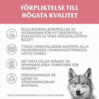 Förpliktelse till högsta kvalitet: regelbundna veterinärkontroller, tydlig innehållsdeklaration, mest sålda spannmålsfria torrfodermärket för hundar, återvinningsbar förpackning.