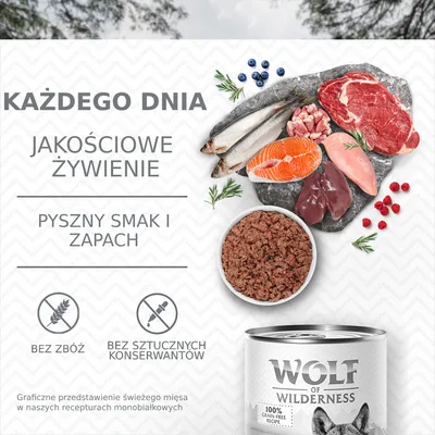 KAŻDEGO DNIA JAKOŚCIOWE ŻYWIENIE, PYSZNY SMAK I ZAPACH, BEZ ZBÓŻ, BEZ SZTUCZNYCH KONSERWANTÓW, Wolf of Wilderness 100% grain-free recipe