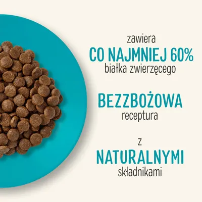 zawiera co najmniej 60% białka zwierzęcego, bezzbożowa receptura z naturalnymi składnikami