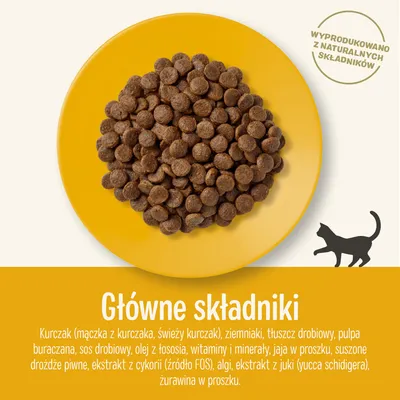 Główne składniki: kurczak, ziemniaki, tłuszcz drobiowy, pulpa buraczana, sos drobiowy, olej z łososia, witaminy i minerały, jaja w proszku, drożdże piwne, cykoria, algi, juka, żurawina.