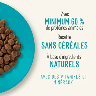 Avec minimum 60 % de protéines animales, recette sans céréales, à base d’ingrédients naturels, avec des vitamines et minéraux.
