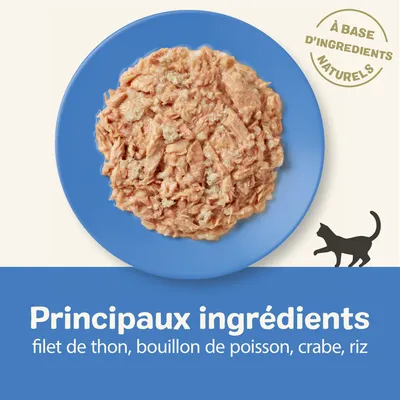 Principaux ingrédients : filet de thon, bouillon de poisson, crabe, riz. À base d’ingrédients naturels.