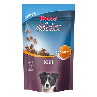 Rocco Sticks Junior Mini s piščancem in kalcijem. Mehki in enostavni za porcijo.