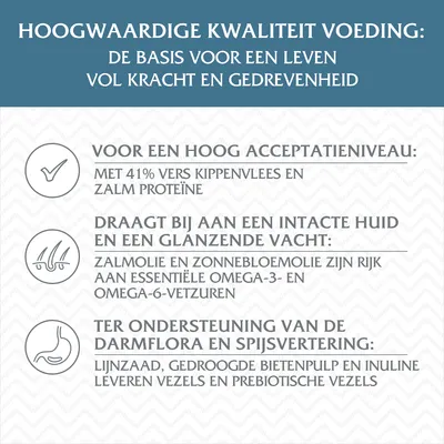 Hoogwaardige kwaliteit voeding: 41% vers kippenvlees en zalm proteïne, zalmolie en zonnebloemolie met omega-3 en -6, lijnzaad, bietenpulp en inuline voor vezels en prebiotische vezels.