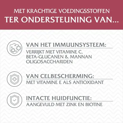 Met krachtige voedingsstoffen ter ondersteuning van het immuunsysteem, celbescherming en huidfunctie. Verrijkt met vitamine C, E, beta-glucanen, mannan-oligosacchariden, zink en biotine.