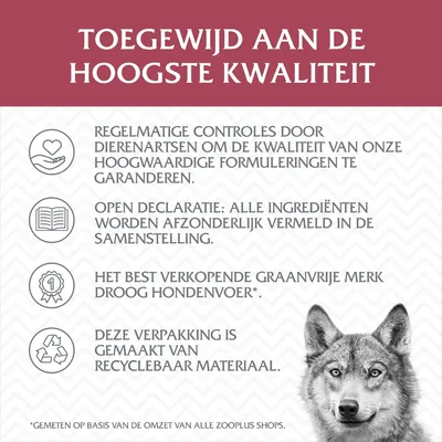 Toegewijd aan de hoogste kwaliteit: regelmatige controles door dierenartsen, open declaratie ingrediënten, best verkopend graanvrij droog hondenvoer, verpakking van recyclebaar materiaal.