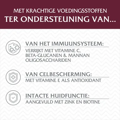 Met krachtige voedingsstoffen ter ondersteuning van het immuunsysteem, celbescherming en huidfunctie. Verrijkt met vitamine C, E, beta-glucanen, mannan-oligosacchariden, zink en biotine.