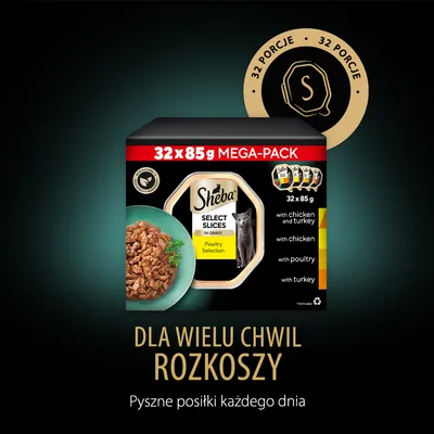 Sheba Select Slices in Gravy Poultry Selection, mega-pack 32×85 g. Widoczne warianty: z kurczakiem i indykiem, z kurczakiem, z drobiem, z indykiem. 32 porcje.