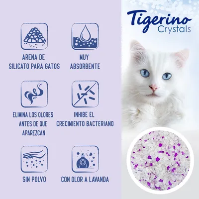 Tigerino Crystals. Arena de silicato para gatos, muy absorbente, elimina los olores antes de que aparezcan, inhibe el crecimiento bacteriano, sin polvo, con olor a lavanda.