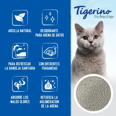 Tigerino Refresher. Arcilla natural, desodorante para arena de gatos, para refrescar la bandeja sanitaria, con diferentes fragancias, absorbe los malos olores, refuerza la aglomeración. Tigerino Refresher. Arcilla natural, desodorante para arena de gatos, para refrescar la bandeja sanitaria, con diferentes fragancias, absorbe los malos olores, refuerza la aglomeración.