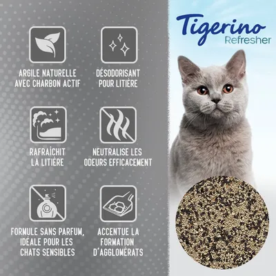 Tigerino Refresher, argile naturelle avec charbon actif, désodorisant pour litière, rafraîchit la litière, neutralise les odeurs, sans parfum, accentue la formation d’agglomérats.